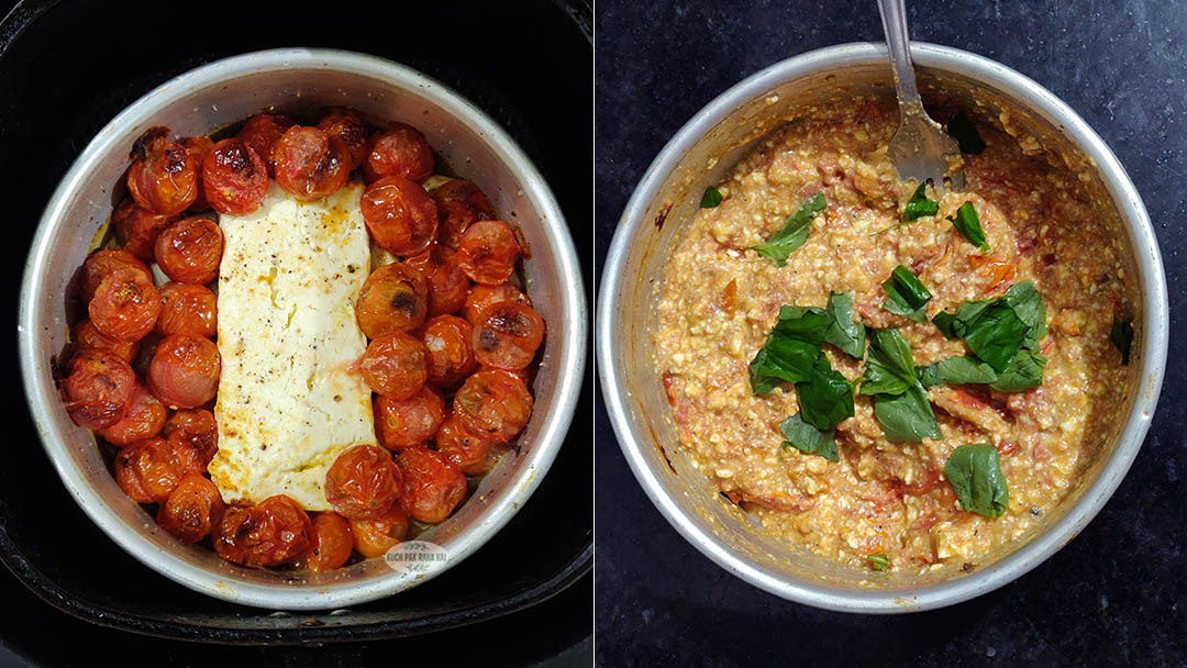 Mashing tomatoes garlic and feta to make air fryer pasta sauce.