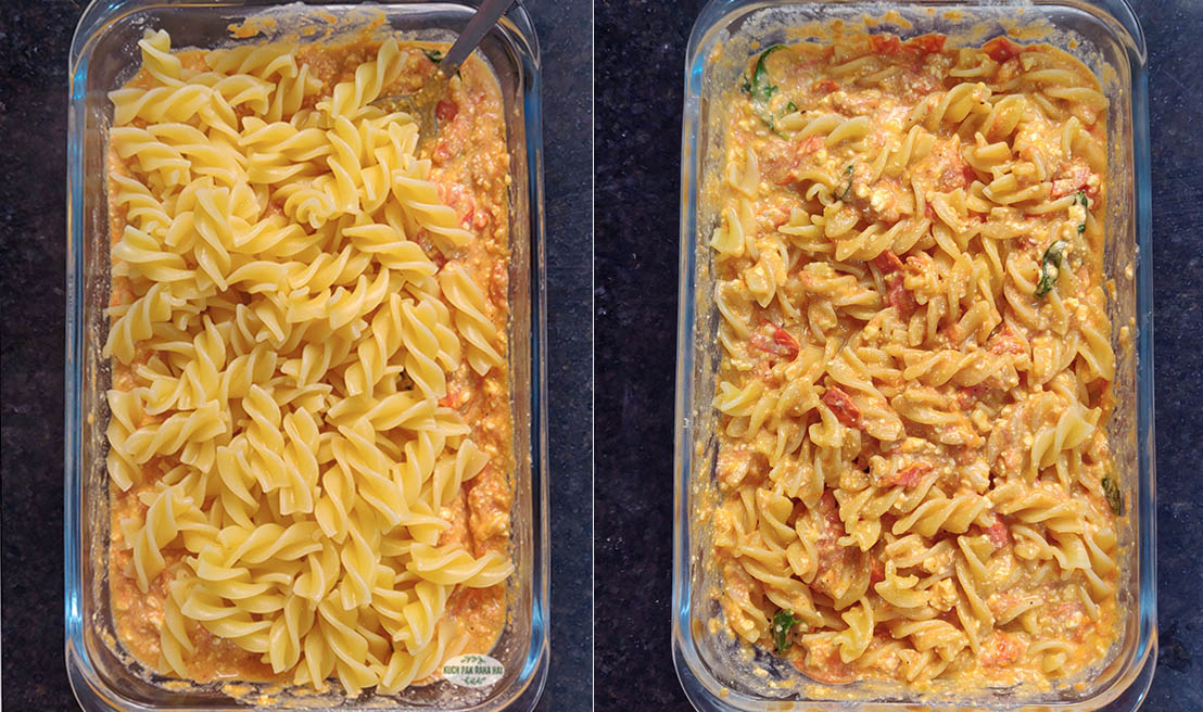 Mixing cooked pasta with sauce.