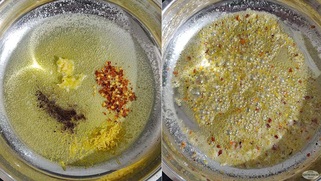 Sauteeing lemon zest pepper and garlic in butter.