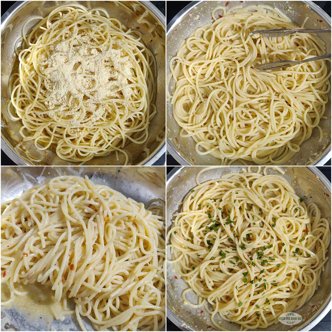 Tossing pasta in lemon garlic butter sauce with parmesan.