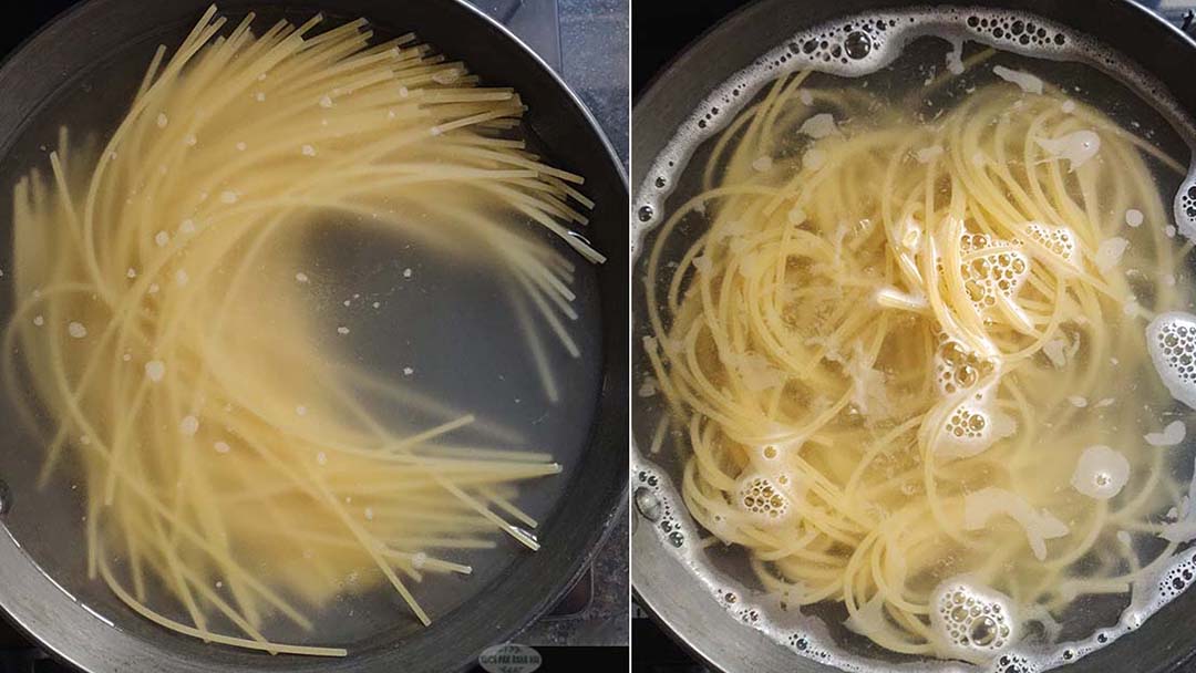 Boiling pasta in salted water in a pot.