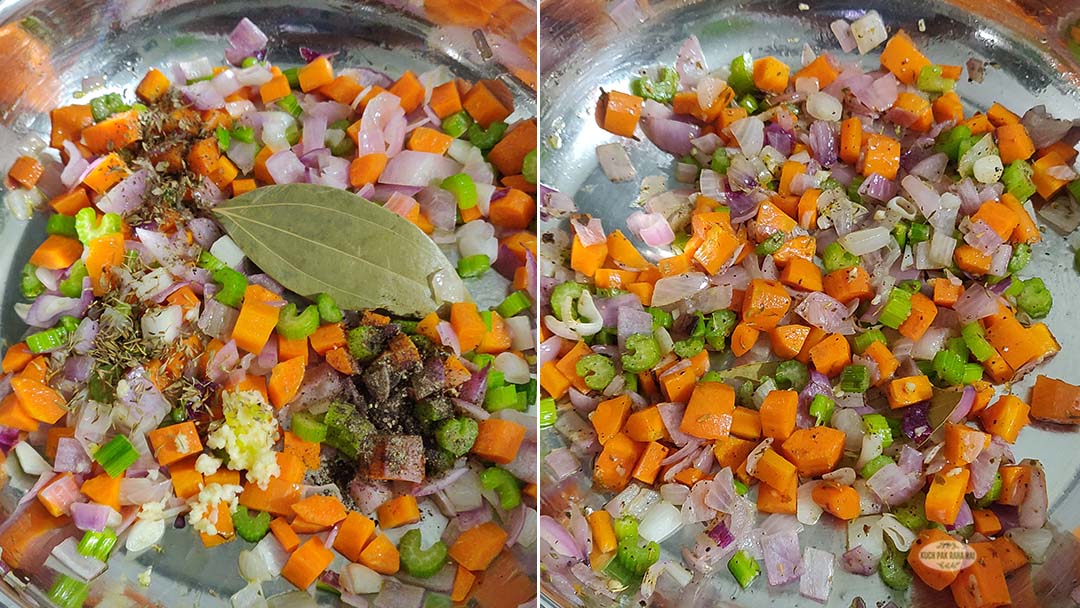 Adding herbs and aromatics to cooked veggies.
