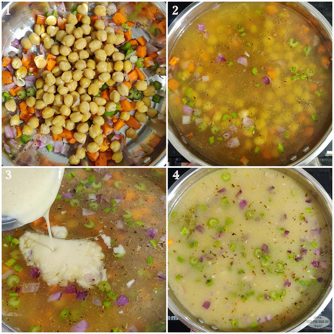 Adding chickpea and stock to the soup pot.