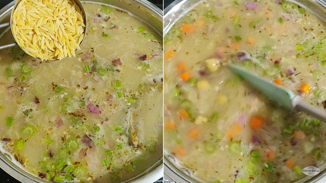 Adding orzo pasta to the soup pot.
