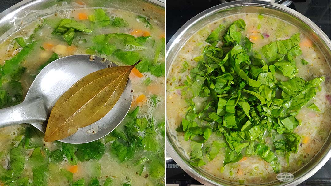 Adding chopped spinach to orzo soup.