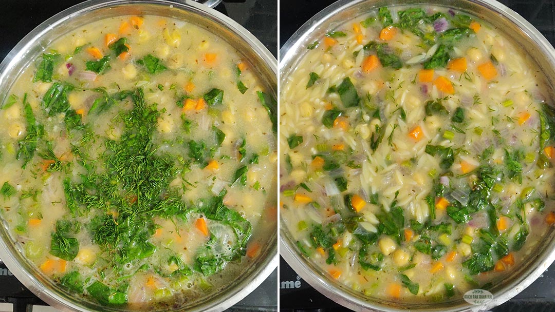 Adding fresh herbs and lemon juice to the soup pot.