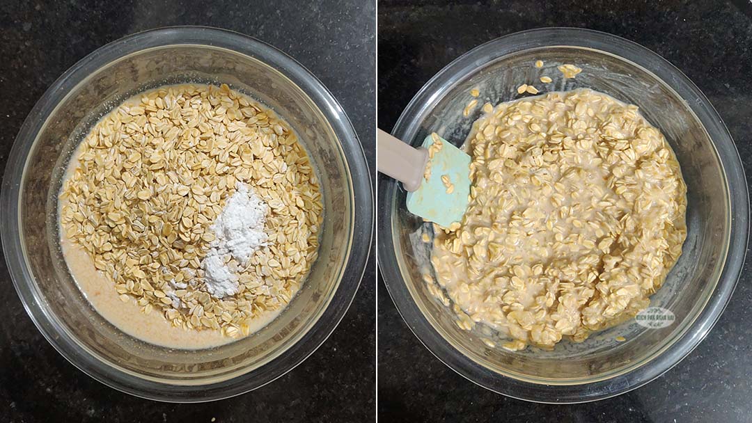 Adding oats to wet ingredients.