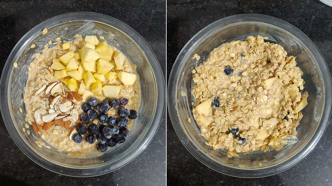 Adding chopped apples, blueberries and nuts to oats mixture.