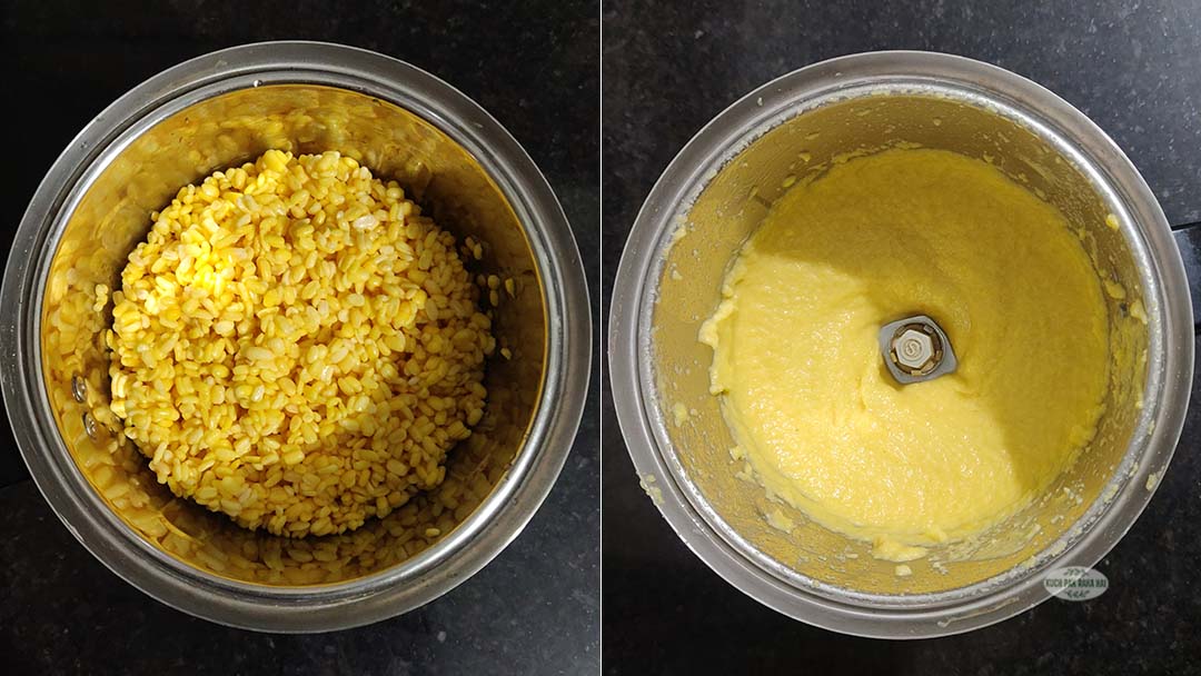 Grinding soaked dal to make thick paste.
