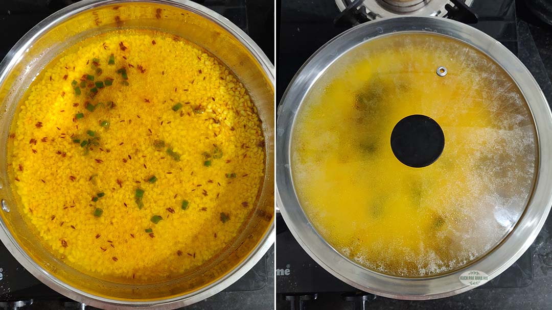 Cooking moong dal in pan with spices.