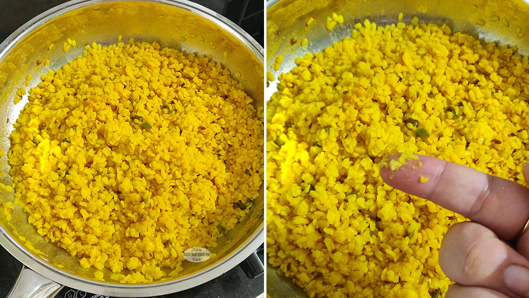Checking if moong dal is cooked by pressing it between fingers.