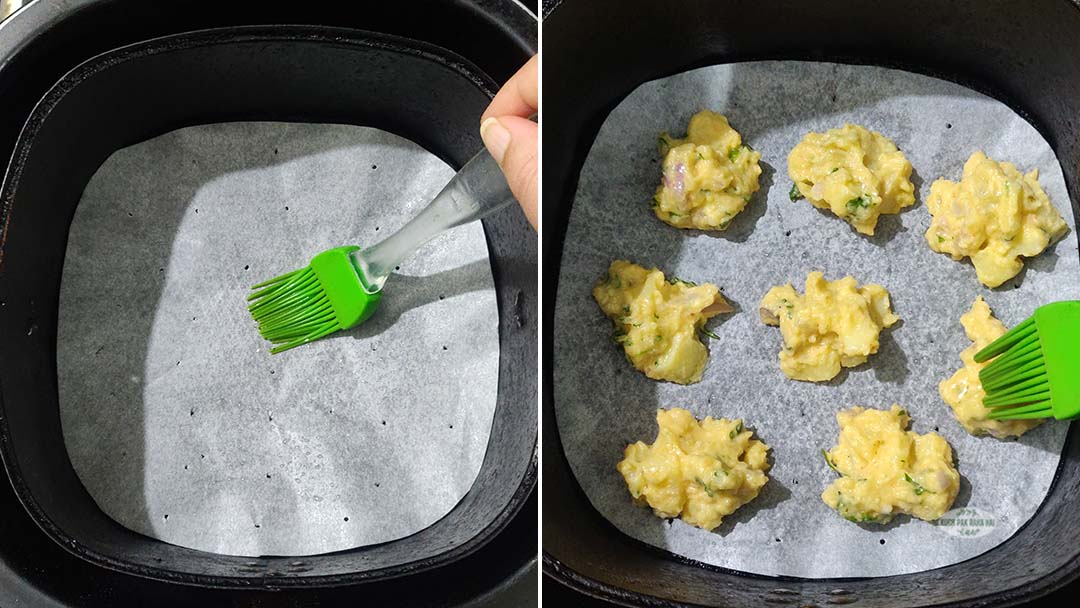 Brushing oil in air fryer basket and on fritters.