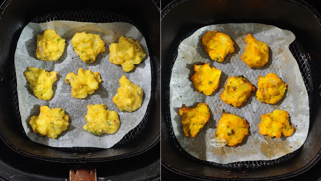 Air frying moong dal pakoda.