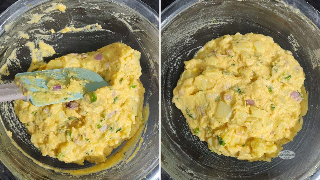Mixing all ingredients with spatula to make pakoda batter.