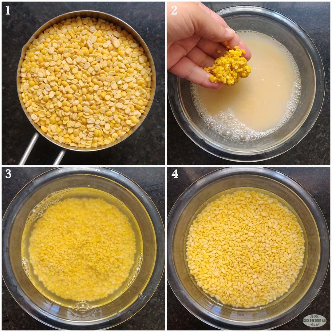 Washing and soaking moong dal in a bowl.