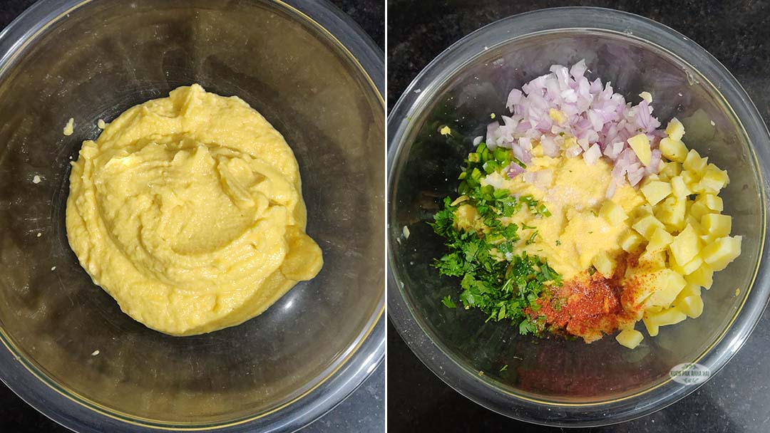 Adding potatoes onion herbs and spices to dal mixture.