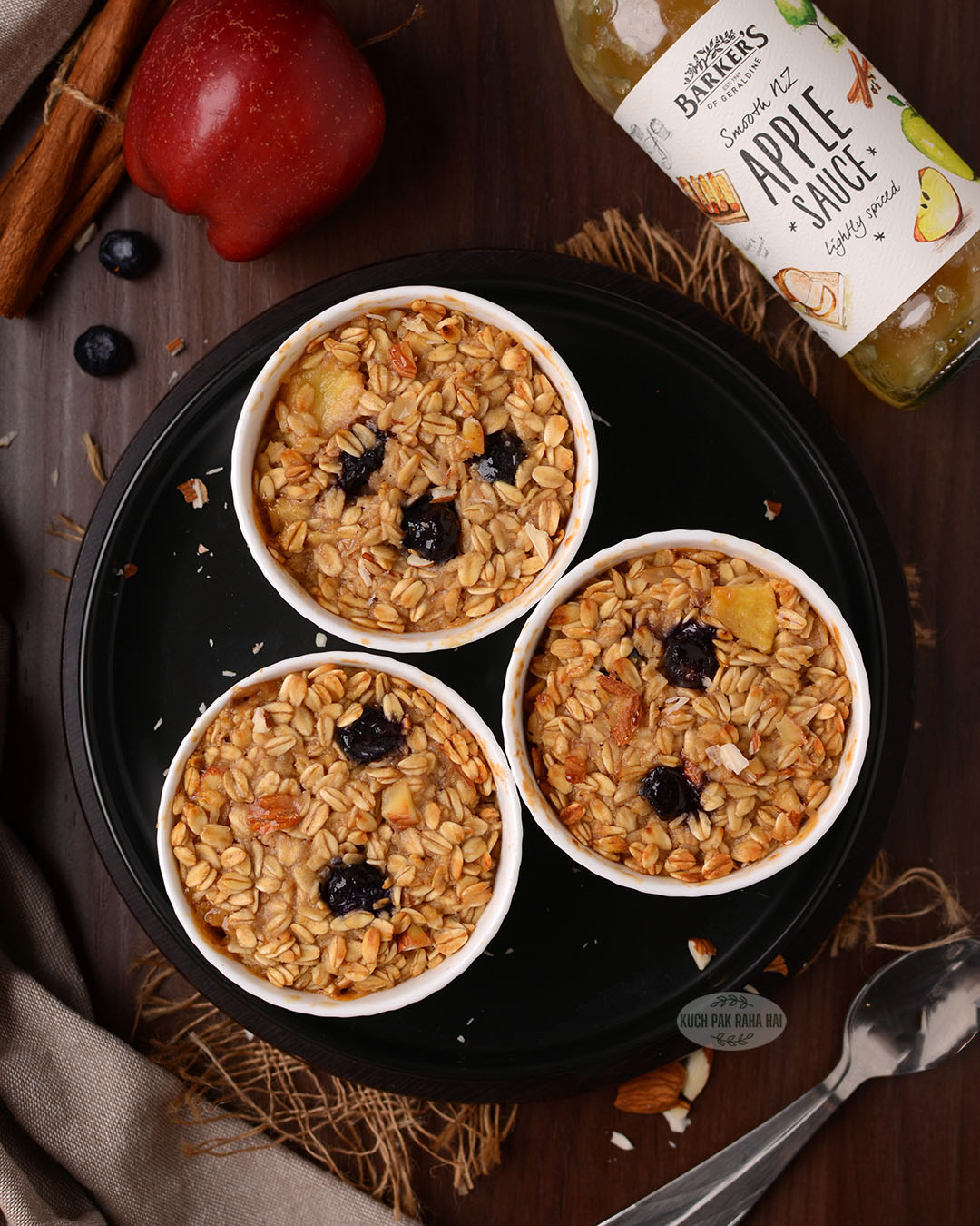 Baked oats in air fryer with apple sauce and blueberries.