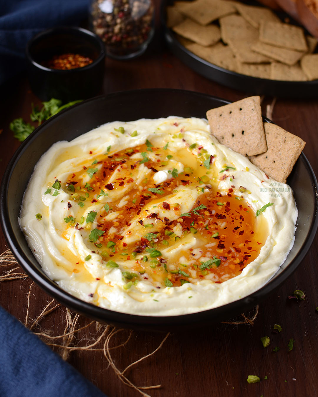 Whipped feta and honey dip served with crackers.