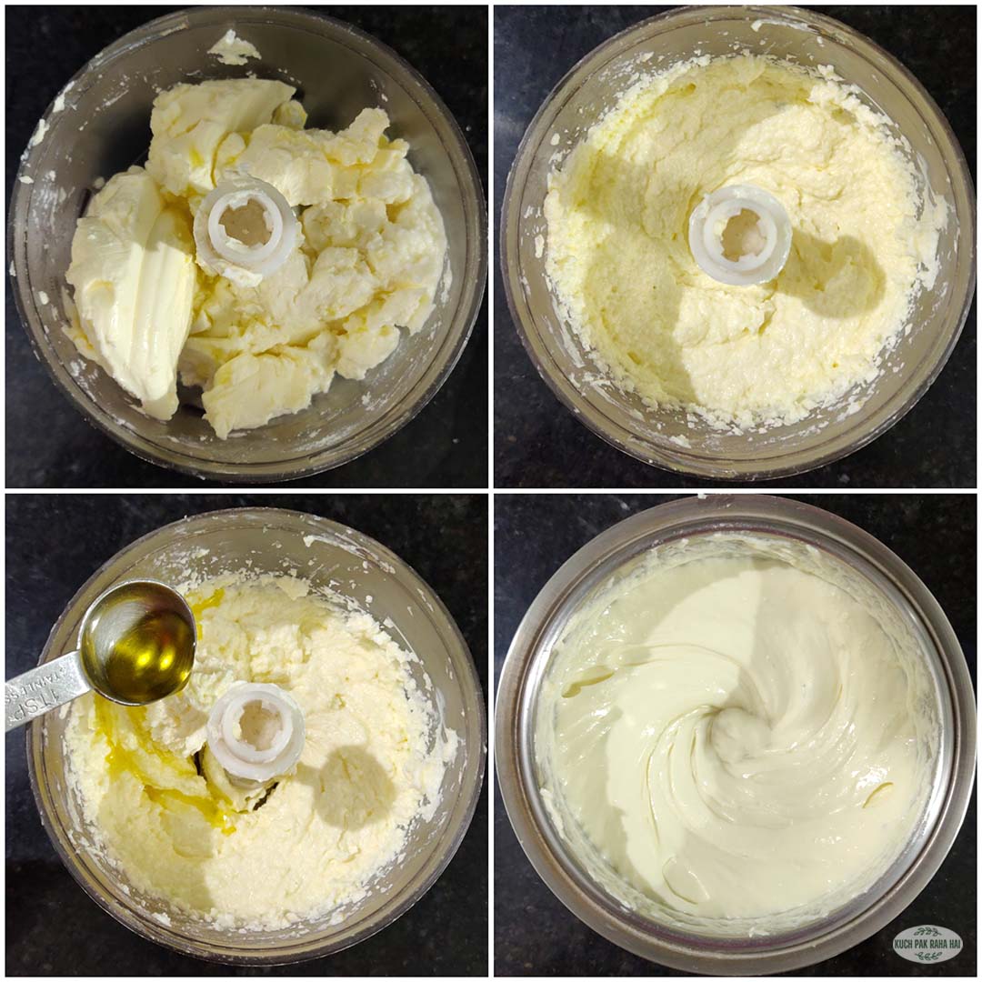 Blending feta and cream cheese together.