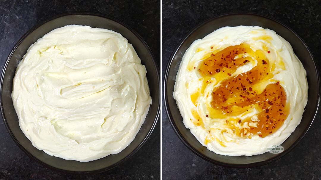 Topping whipped feta with hot garlic honey.