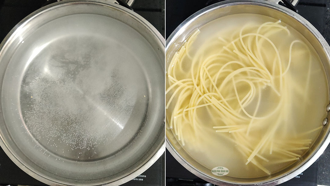 Boiling spaghetti pasta in a pan.