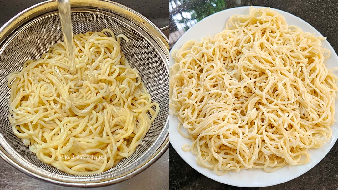 Rinsing noodles in cold water.