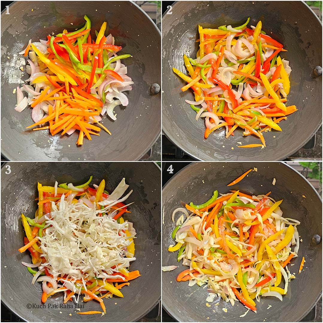 Sautéing cabbage carrot capsicum.