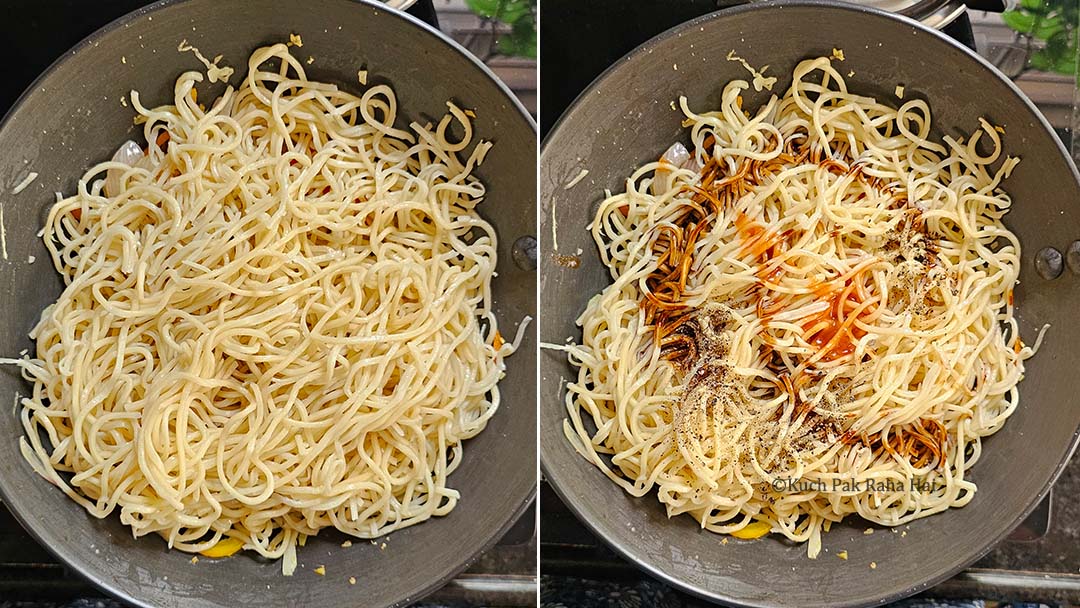 Adding noodles and sauces to vegetables.