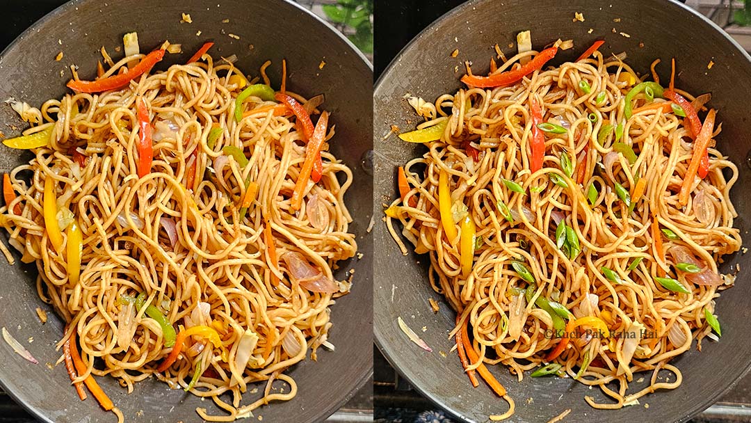 Garnishing hakka noodles with spring onions.