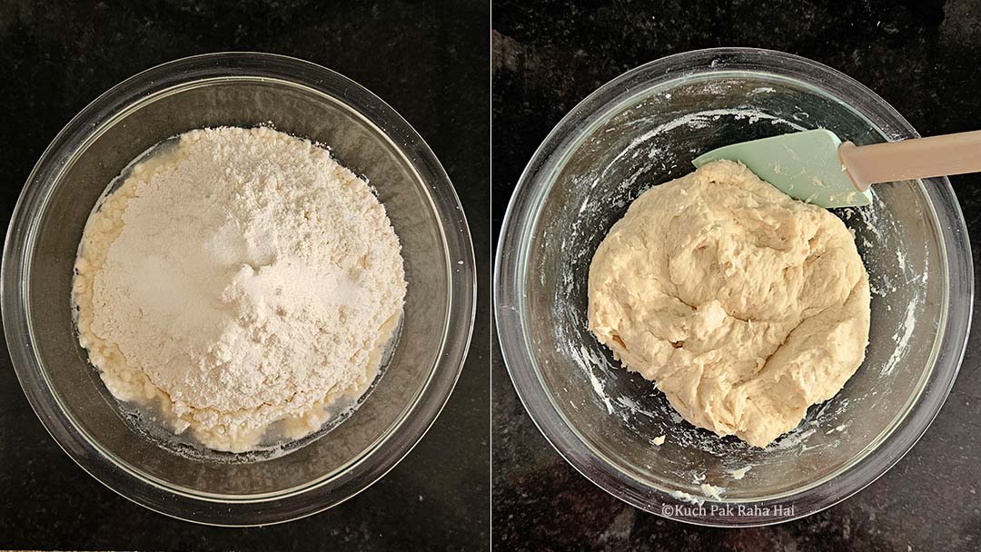 Mixing flour with water & yeast.
