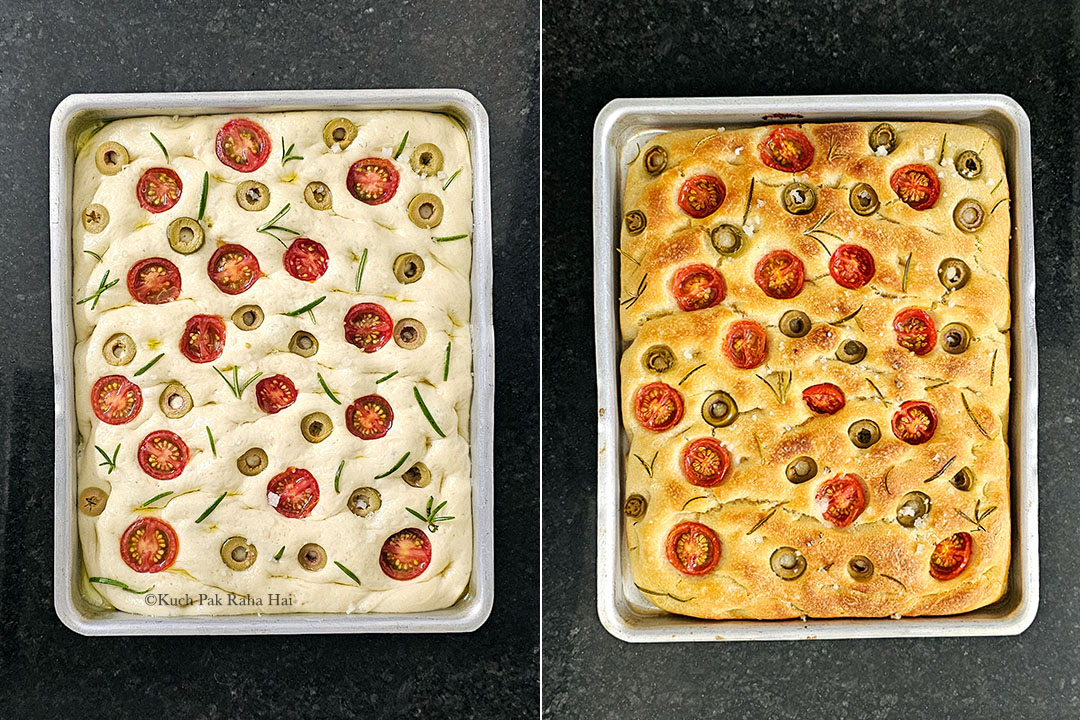 Topping focaccia with cherry tomato, olives and rosemary.