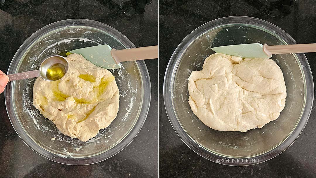 Adding olive oil to bread dough.