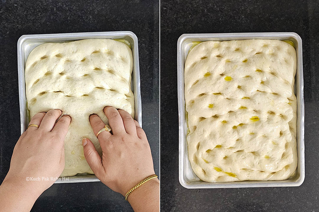 Poking fingers in focaccia dough.