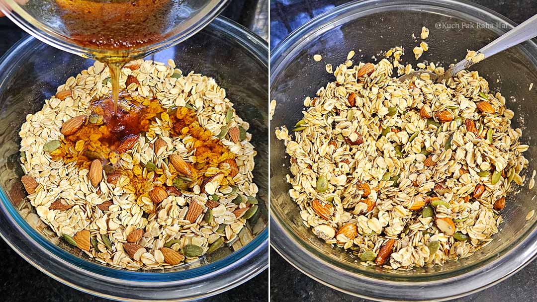 Adding wet ingredients to dry.