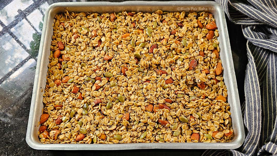 Baked granola straight out of oven.